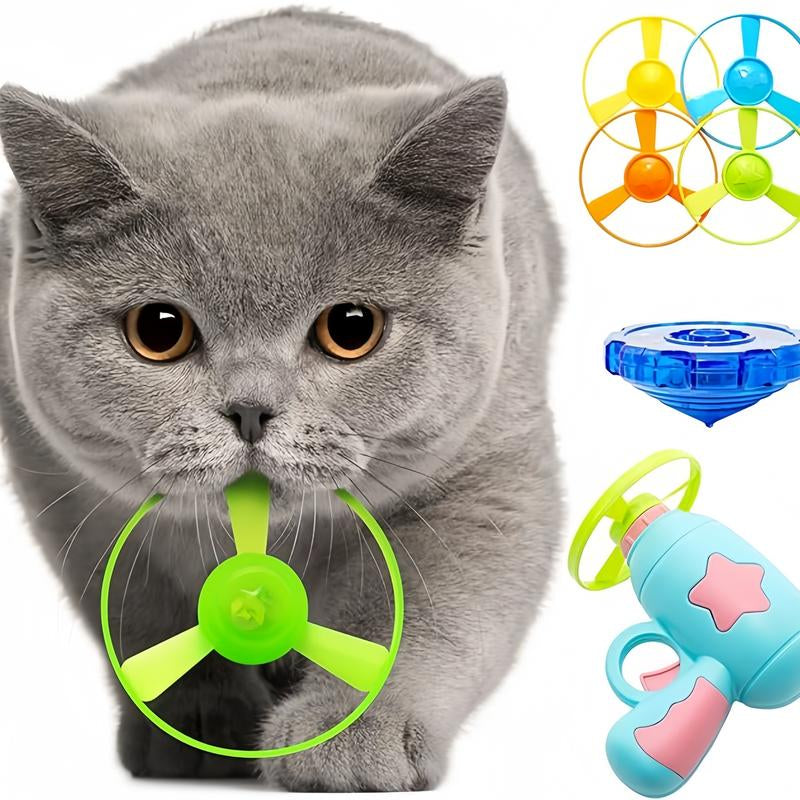 Pet Interactive Fetch Toy Set, Flying Disc Launcher Gun, Cat Track Toy for Training Hunting Chasing Interactive Cat Toys for Bored Indoor, Cute Kitten Kitty Toys, Flying Propellers for Dog and Puppy Pet Supplies, Cat Stuff Outdoorfun